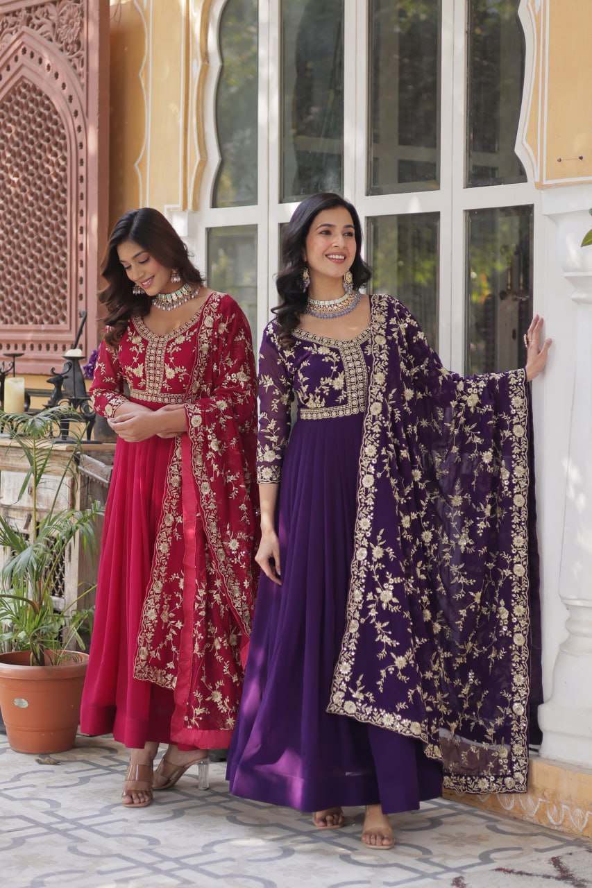 Faux Blooming Sequins & Zari Embroidered Gown With Dupatta - ETHNICDEAL