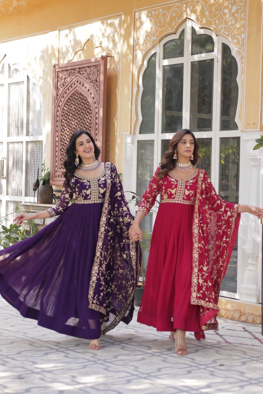 Faux Blooming Sequins & Zari Embroidered Gown With Dupatta - ETHNICDEAL