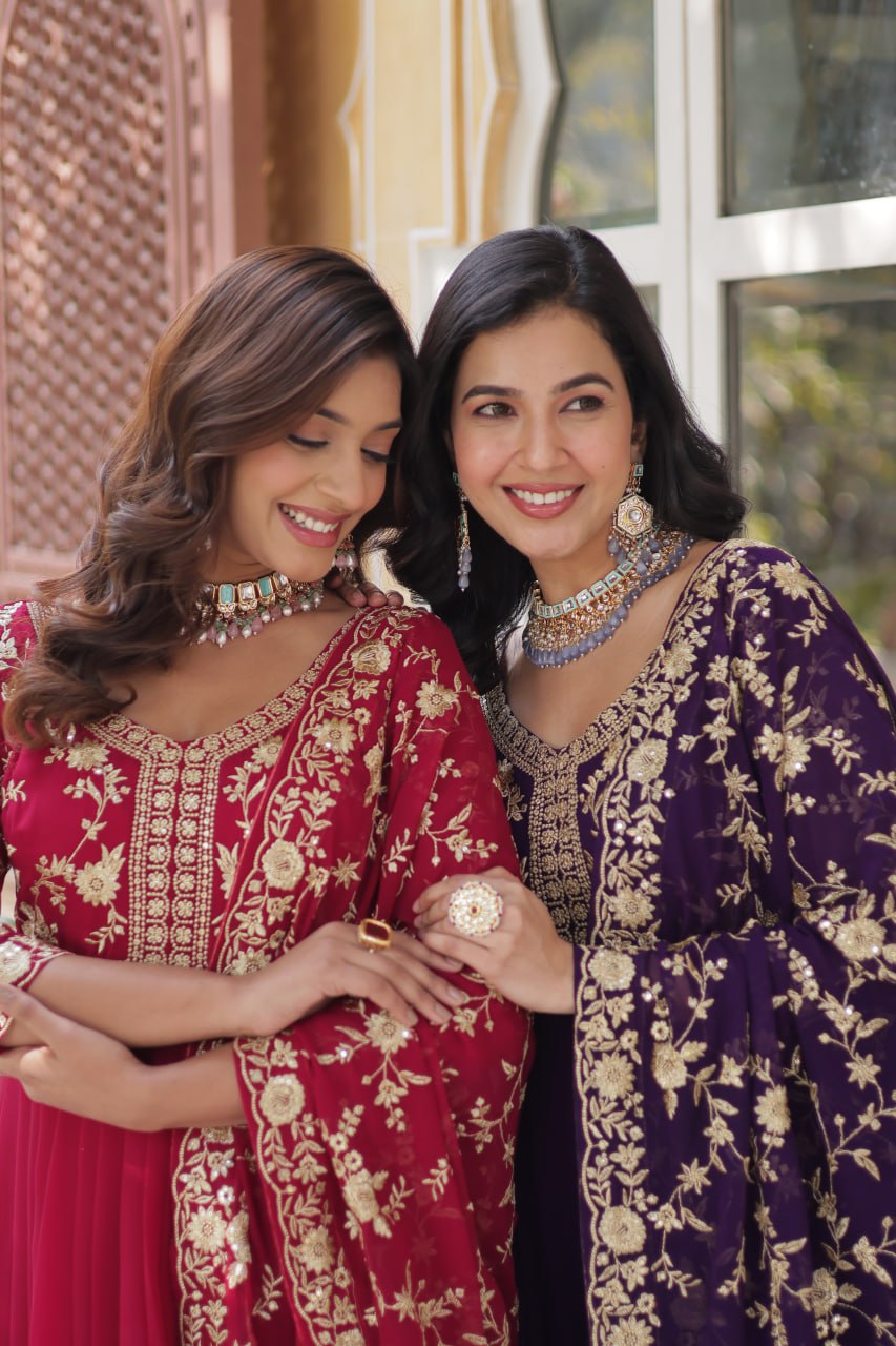 Faux Blooming Sequins & Zari Embroidered Gown With Dupatta - ETHNICDEAL