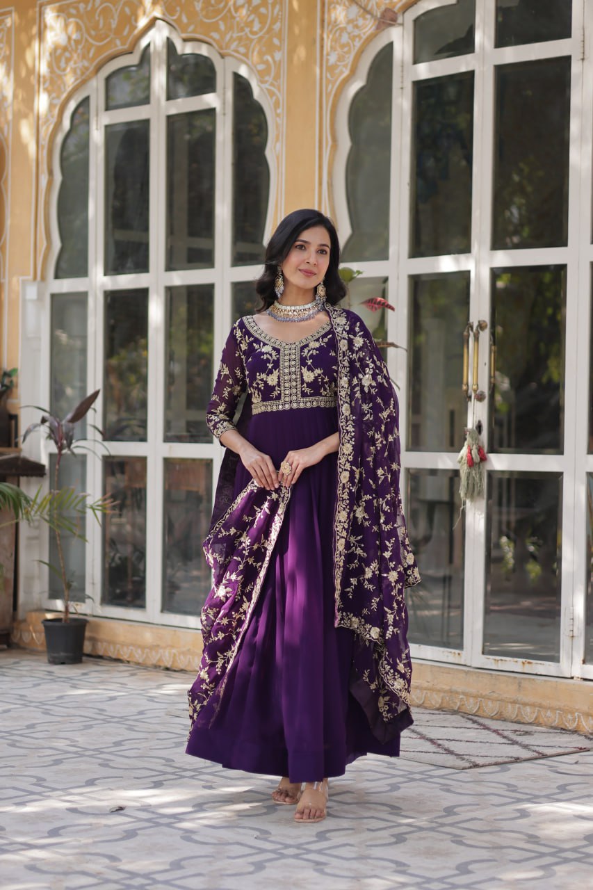 Faux Blooming Sequins & Zari Embroidered Gown With Dupatta - ETHNICDEAL