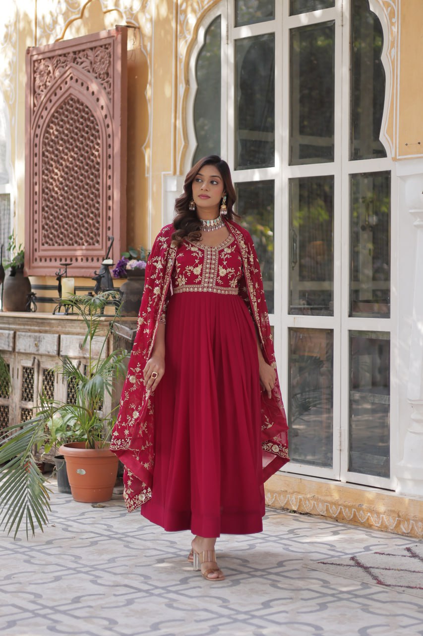 Faux Blooming Sequins & Zari Embroidered Gown With Dupatta - ETHNICDEAL
