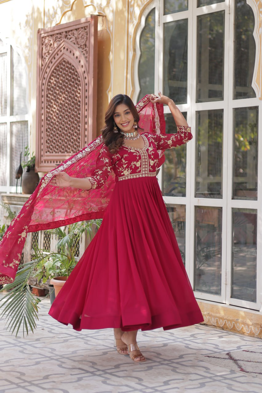 Faux Blooming Sequins & Zari Embroidered Gown With Dupatta - ETHNICDEAL