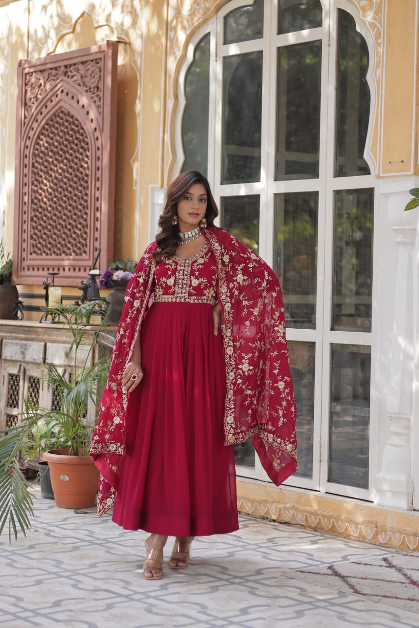 Faux Blooming Sequins & Zari Embroidered Gown With Dupatta - ETHNICDEAL