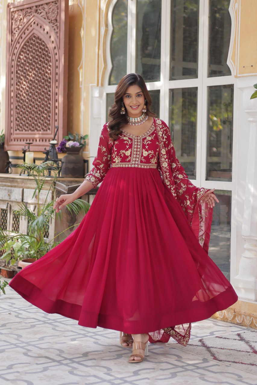 Faux Blooming Sequins & Zari Embroidered Gown With Dupatta - ETHNICDEAL