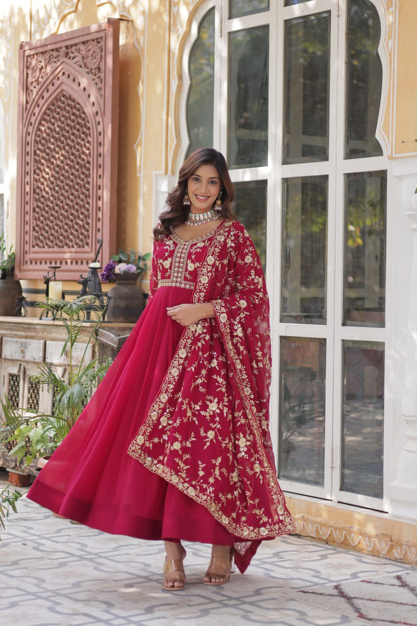 Faux Blooming Sequins & Zari Embroidered Gown With Dupatta - ETHNICDEAL