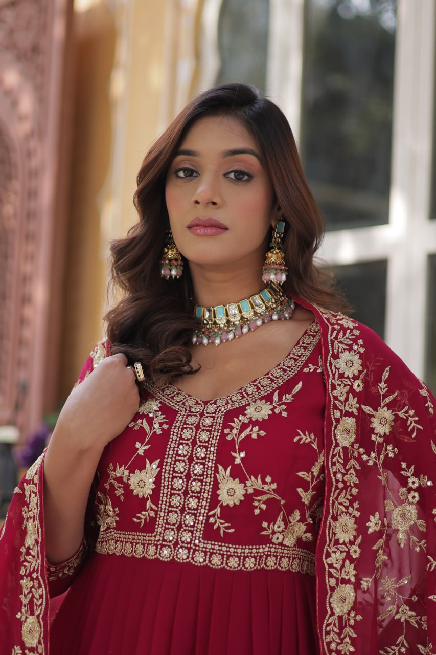 Faux Blooming Sequins & Zari Embroidered Gown With Dupatta - ETHNICDEAL