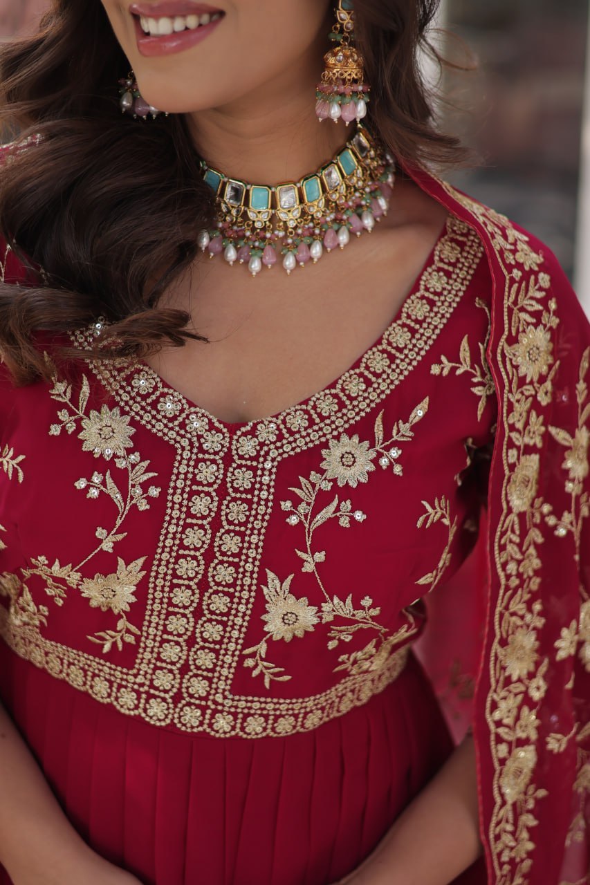 Faux Blooming Sequins & Zari Embroidered Gown With Dupatta - ETHNICDEAL