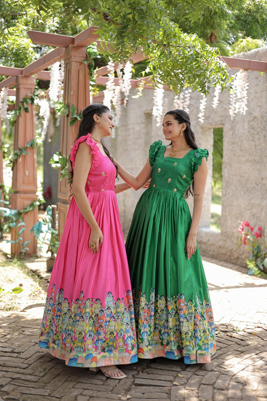 Stunning Dola Silk Designer Printed Fully Stitched Gown - Ethnicwish