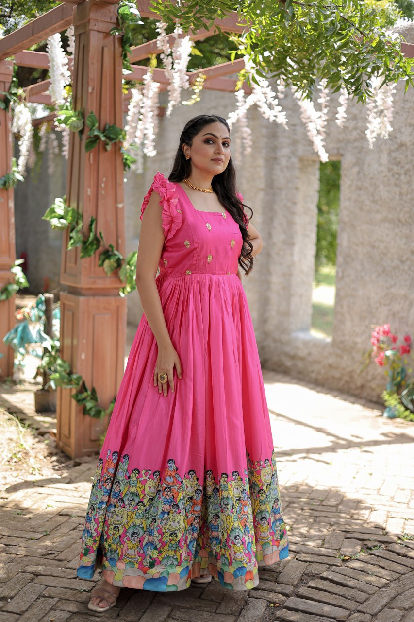 Stunning Dola Silk Designer Printed Fully Stitched Gown - Ethnicwish