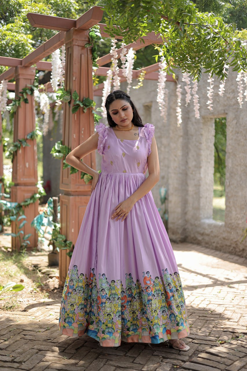 Stunning Dola Silk Designer Printed Fully Stitched Gown - Ethnicwish