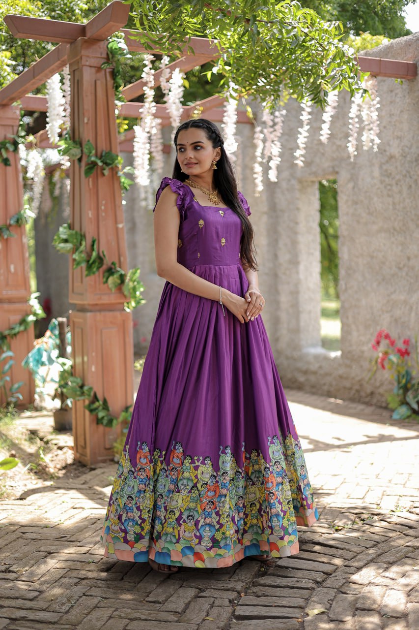 Stunning Dola Silk Designer Printed Fully Stitched Gown - Ethnicwish