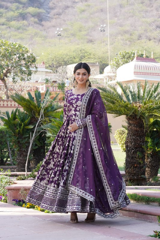 Stunning Viscous Jacquard Sequins Embroidered Designer Gown With Dupatta - Ethnicwish