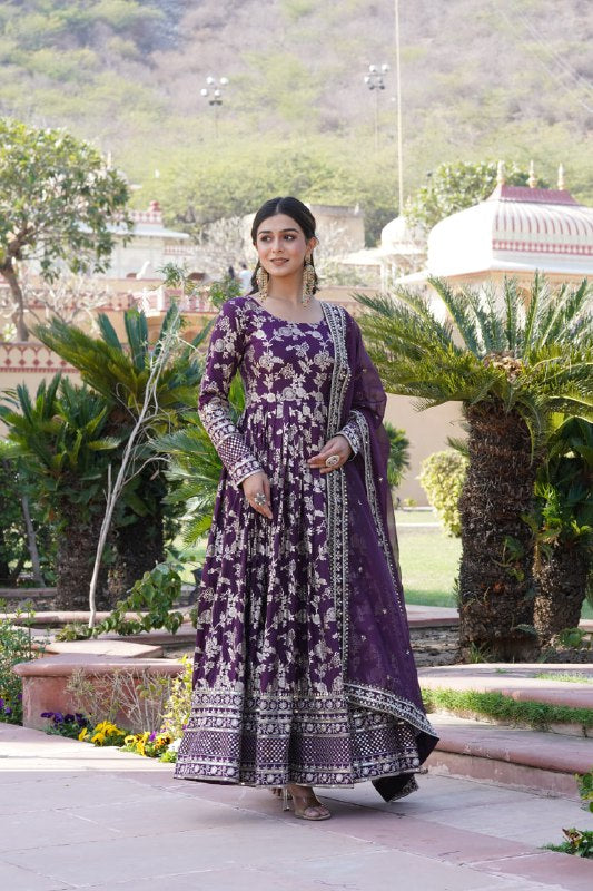 Stunning Viscous Jacquard Sequins Embroidered Designer Gown With Dupatta - Ethnicwish