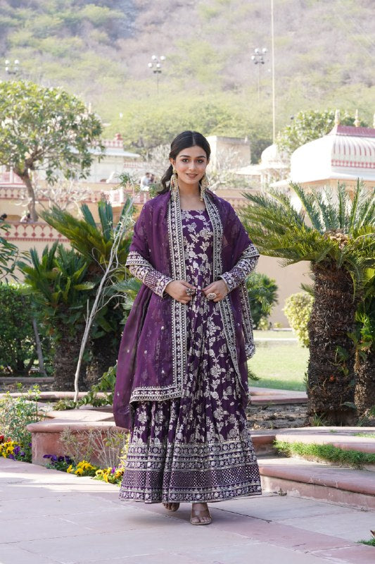 Stunning Viscous Jacquard Sequins Embroidered Designer Gown With Dupatta - Ethnicwish