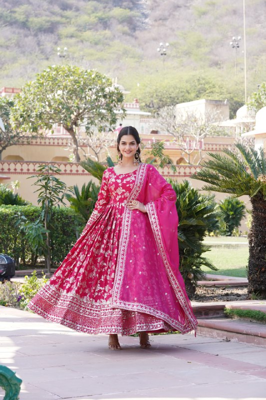 Stunning Viscous Jacquard Sequins Embroidered Designer Gown With Dupatta - Ethnicwish