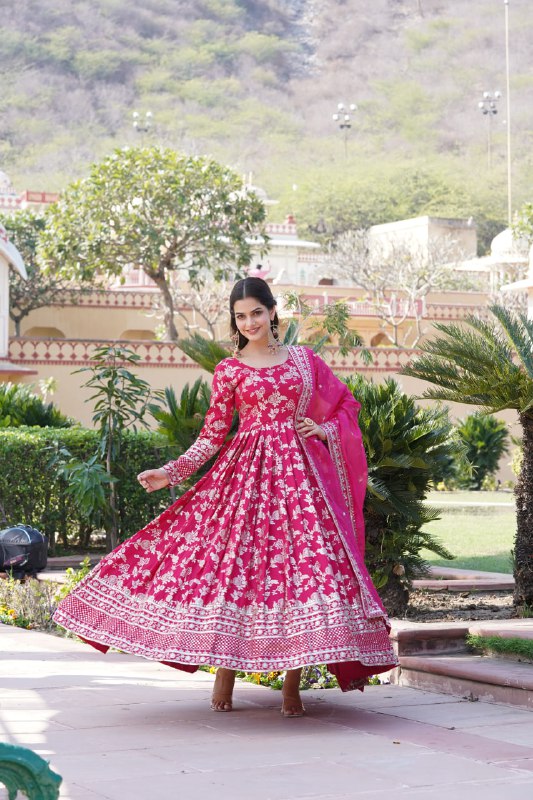 Stunning Viscous Jacquard Sequins Embroidered Designer Gown With Dupatta - Ethnicwish