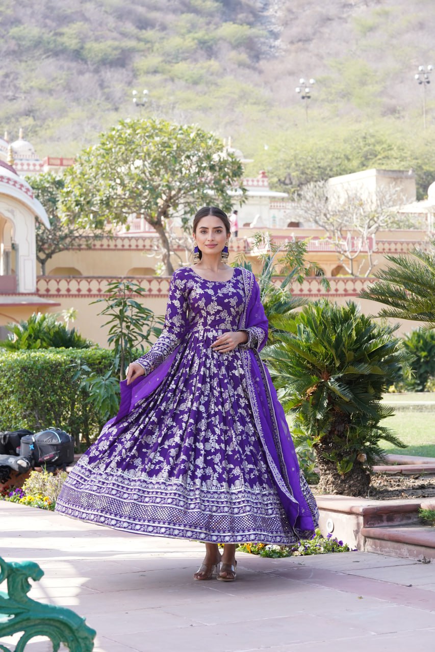 Stunning Viscous Jacquard Sequins Embroidered Designer Gown With Dupatta - Ethnicwish
