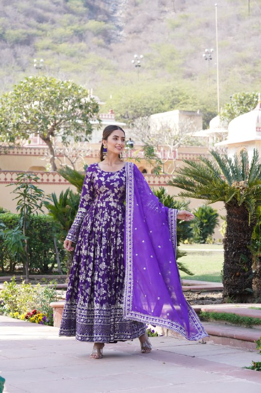 Stunning Viscous Jacquard Sequins Embroidered Designer Gown With Dupatta - Ethnicwish