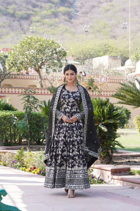 Stunning Viscous Jacquard Sequins Embroidered Designer Gown With Dupatta - Ethnicwish