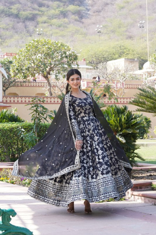 Stunning Viscous Jacquard Sequins Embroidered Designer Gown With Dupatta - Ethnicwish