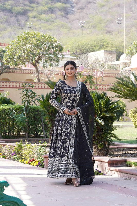 Stunning Viscous Jacquard Sequins Embroidered Designer Gown With Dupatta - Ethnicwish
