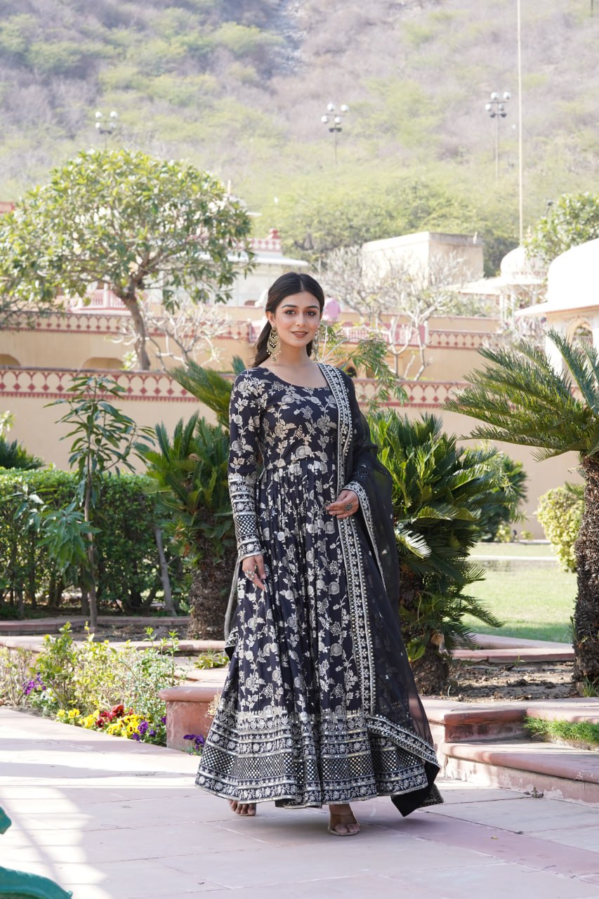 Stunning Viscous Jacquard Sequins Embroidered Designer Gown With Dupatta - Ethnicwish