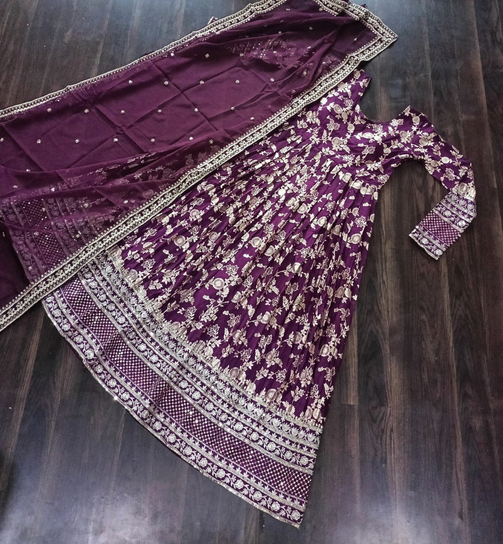 Stunning Viscous Jacquard Sequins Embroidered Designer Gown With Dupatta - Ethnicwish