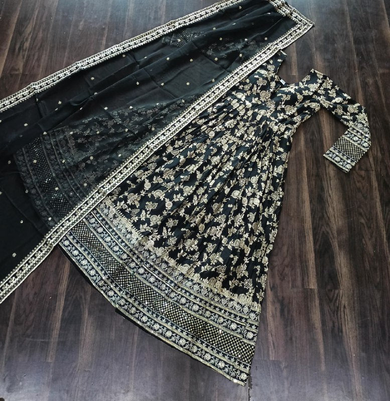Stunning Viscous Jacquard Sequins Embroidered Designer Gown With Dupatta - Ethnicwish