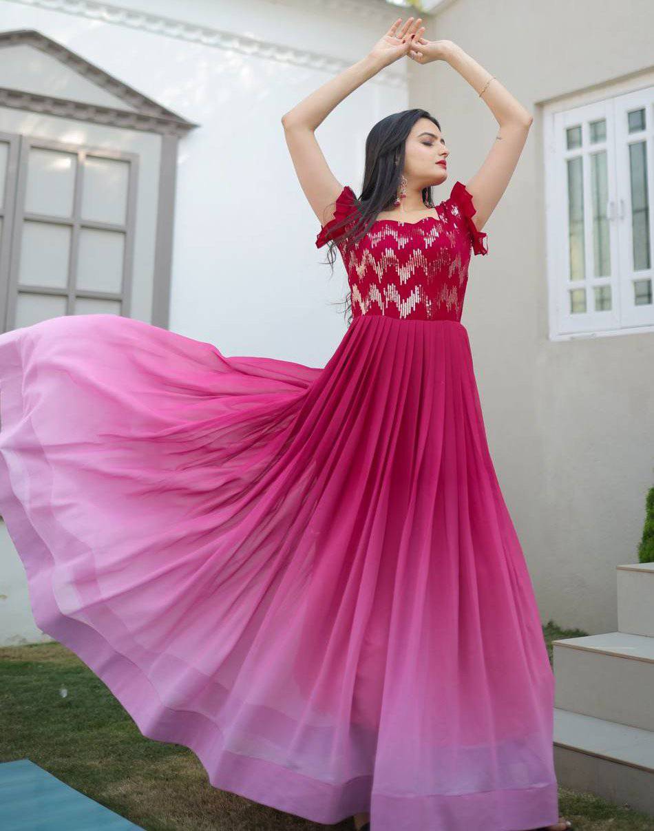 Dashing Faux Georgette Shaded Sequins Worked Gown - Ethnicwish