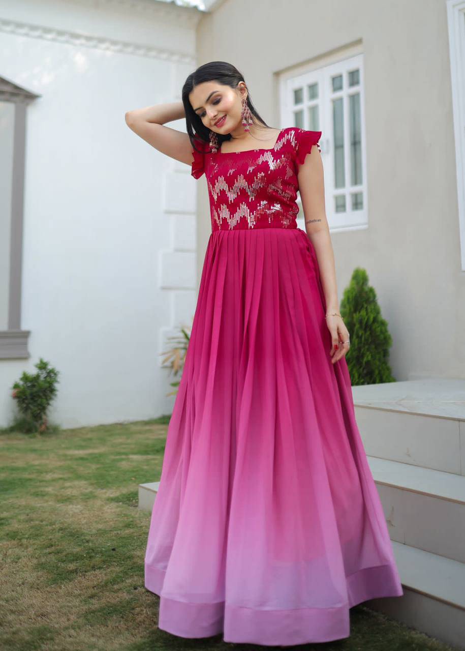 Dashing Faux Georgette Shaded Sequins Worked Gown - Ethnicwish
