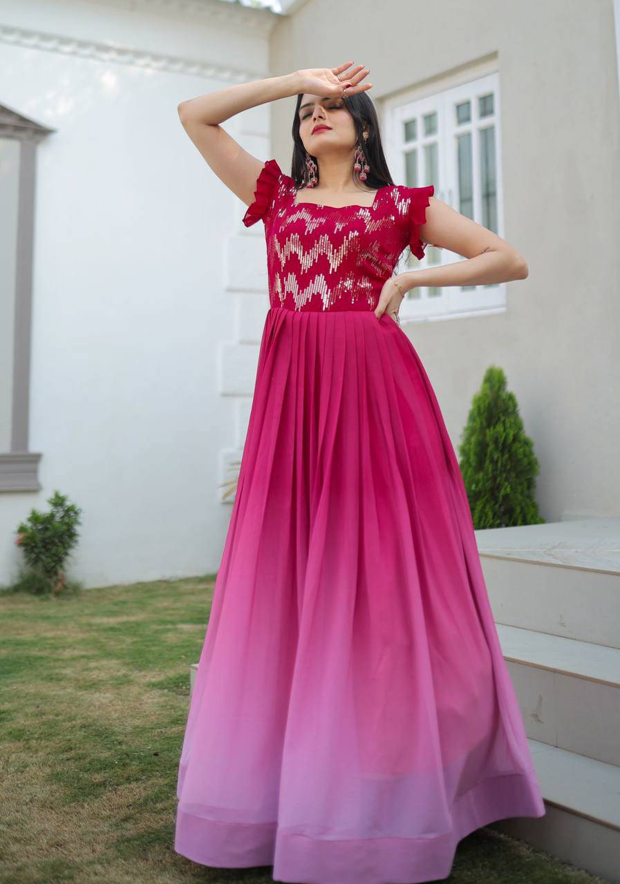 Dashing Faux Georgette Shaded Sequins Worked Gown - Ethnicwish