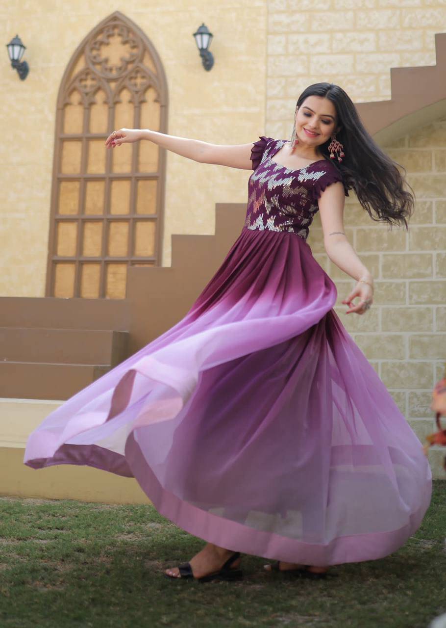 Dashing Faux Georgette Shaded Sequins Worked Gown - Ethnicwish