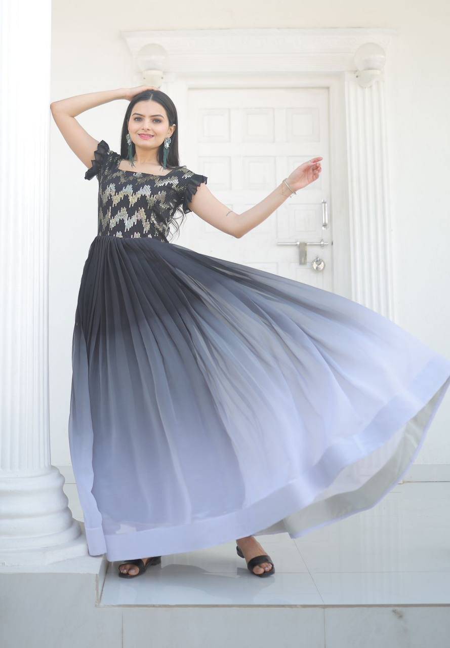 Dashing Faux Georgette Shaded Sequins Worked Gown - Ethnicwish