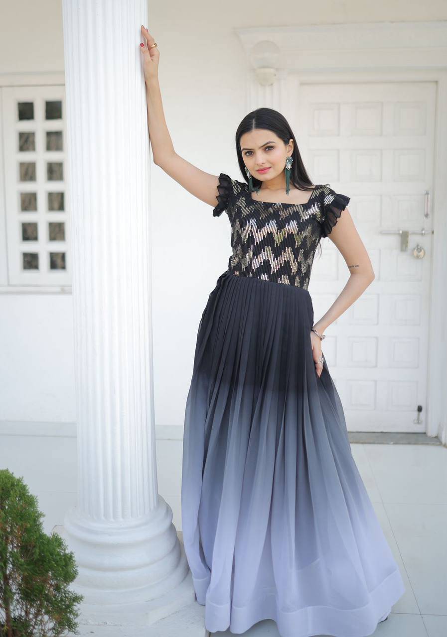 Dashing Faux Georgette Shaded Sequins Worked Gown - Ethnicwish