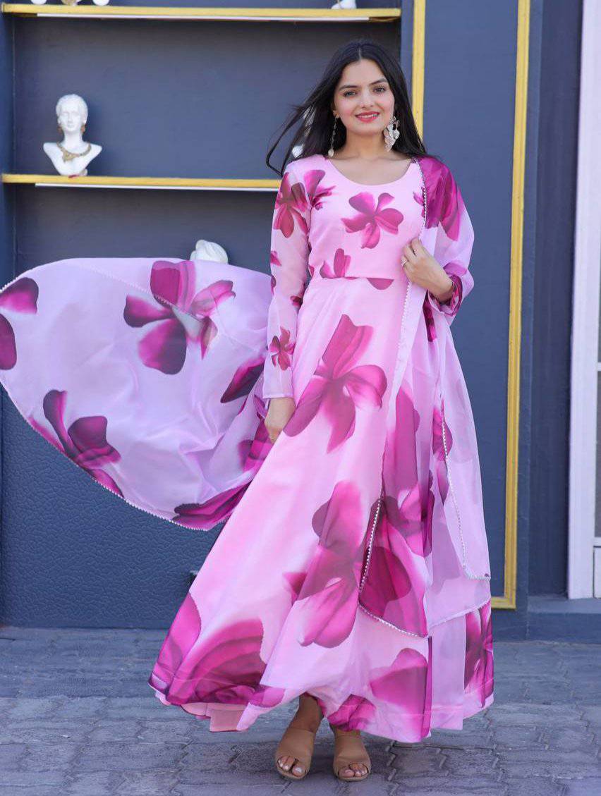 Enticing Tabby Silk Floral Printed Fully Stitched Gown With Dupatta - Ethnicwish