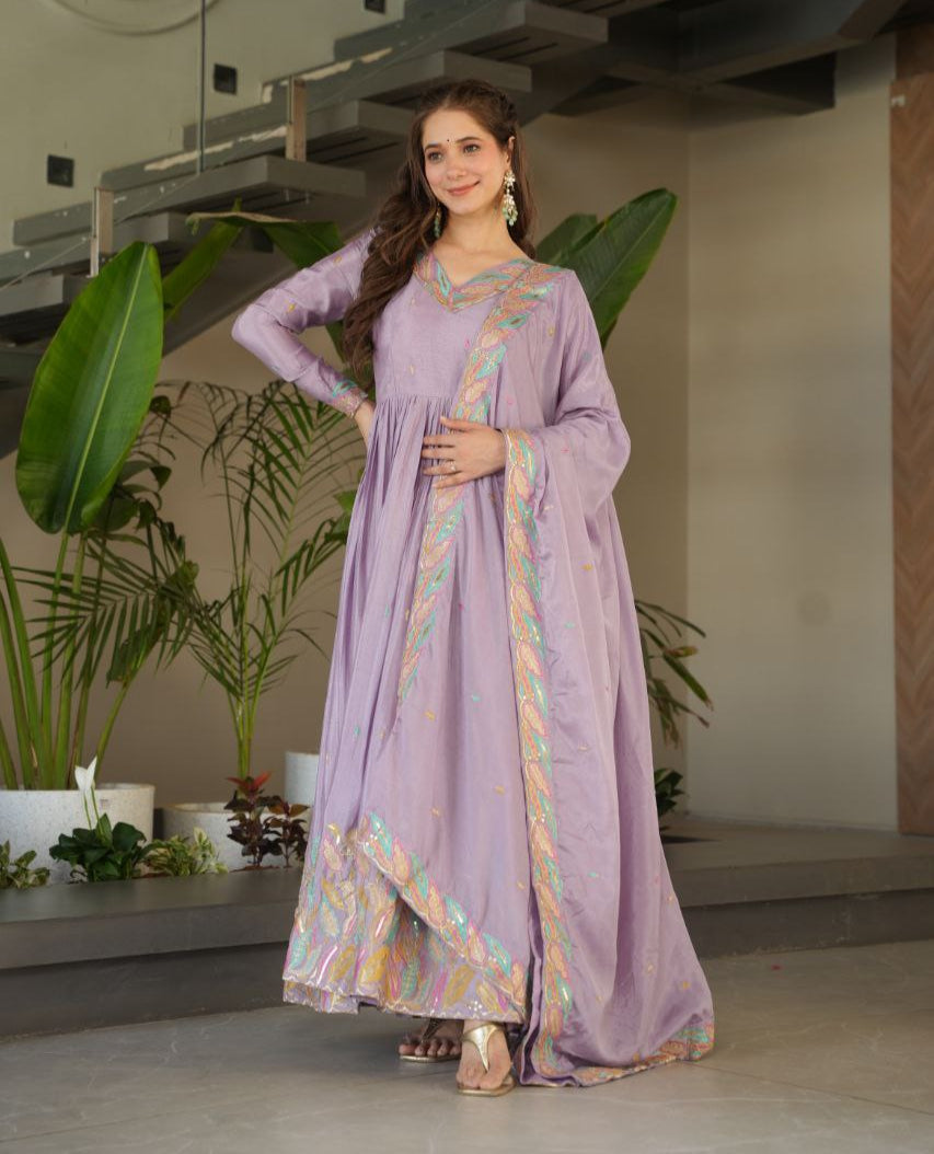 Chinnon Sequins & Thread Embroidered Gown Set – Fully Stitched & Ready to Wear - ETHNICDEAL