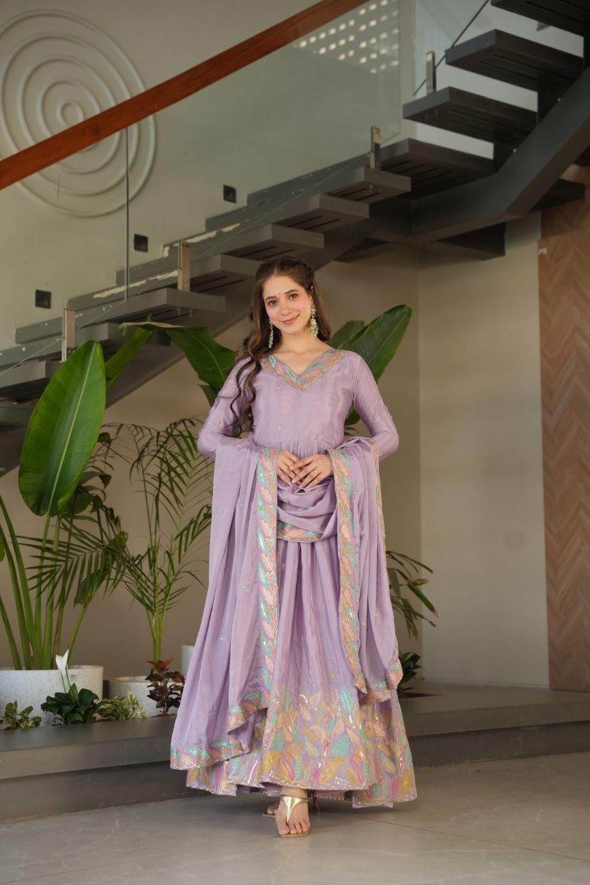 Chinnon Sequins & Thread Embroidered Gown Set – Fully Stitched & Ready to Wear - ETHNICDEAL