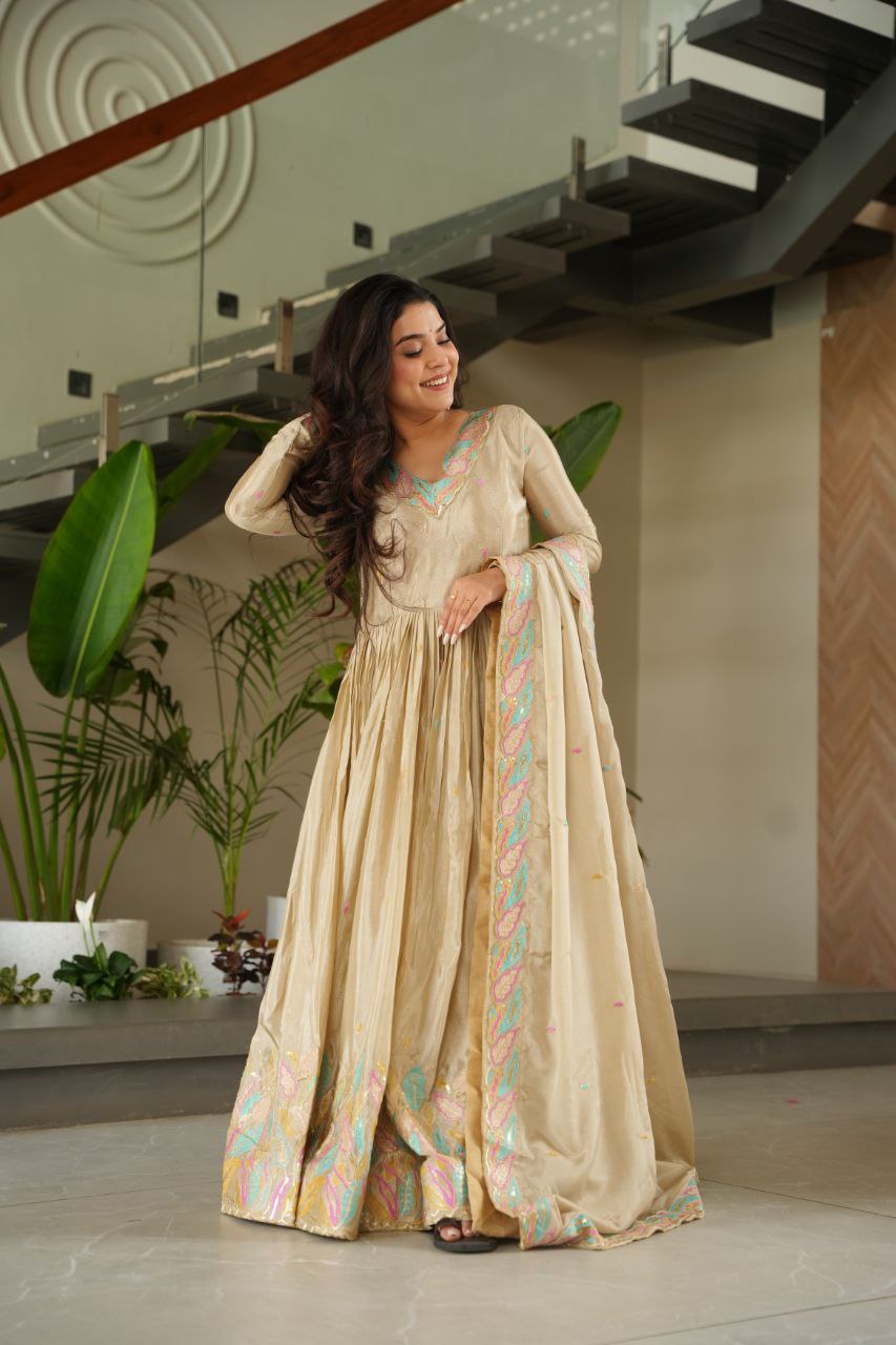 Chinnon Sequins & Thread Embroidered Gown Set – Fully Stitched & Ready to Wear - ETHNICDEAL
