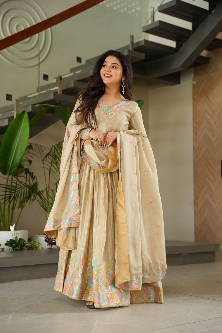 Chinnon Sequins & Thread Embroidered Gown Set – Fully Stitched & Ready to Wear - ETHNICDEAL