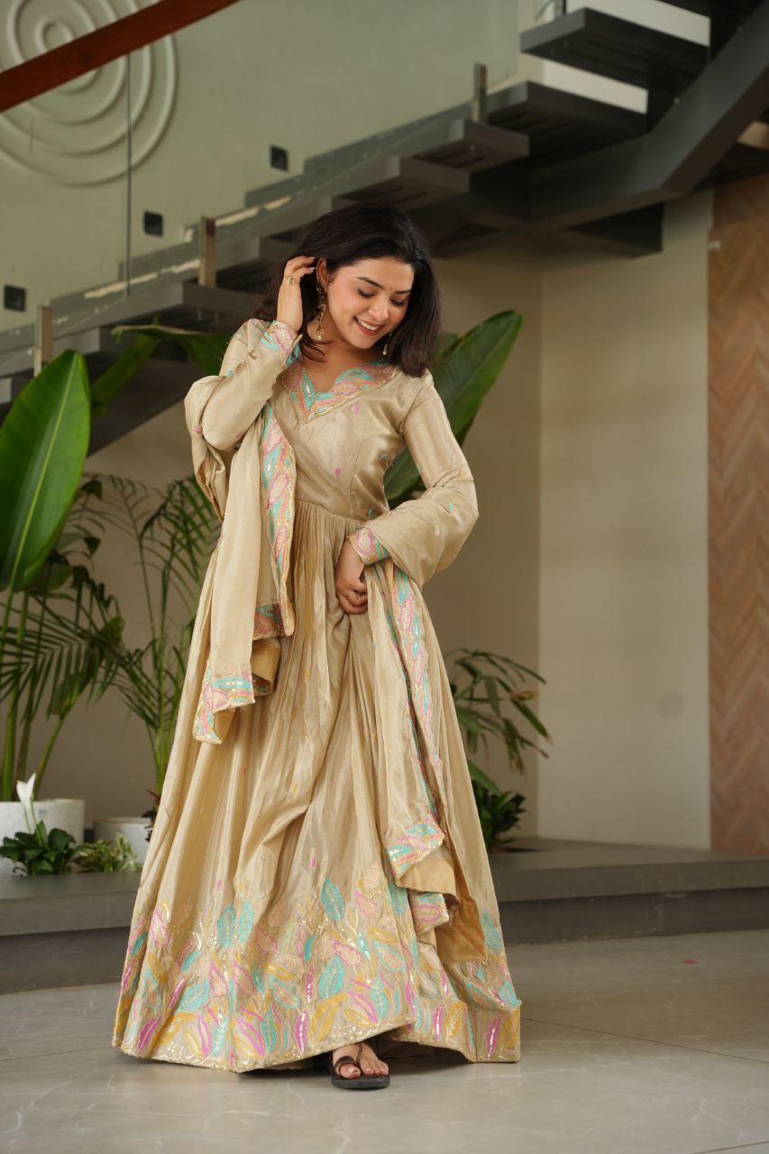 Chinnon Sequins & Thread Embroidered Gown Set – Fully Stitched & Ready to Wear - ETHNICDEAL