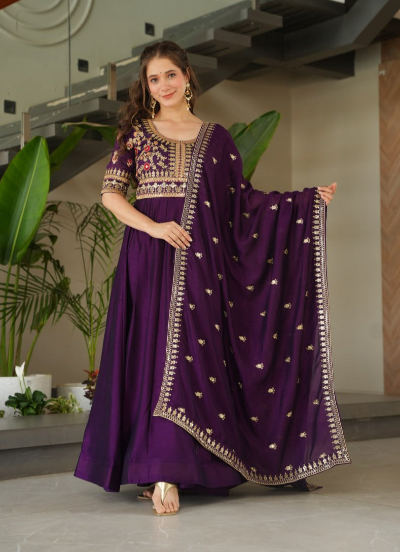 Purple Vichitra Silk Gown with Sequins & Zari Embroidery With Dupatta - ETHNICDEAL