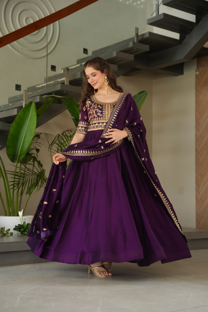 Purple Vichitra Silk Gown with Sequins & Zari Embroidery With Dupatta - ETHNICDEAL