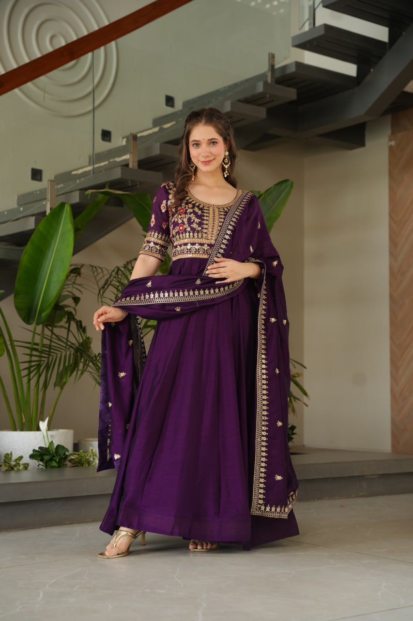 Purple Vichitra Silk Gown with Sequins & Zari Embroidery With Dupatta - ETHNICDEAL
