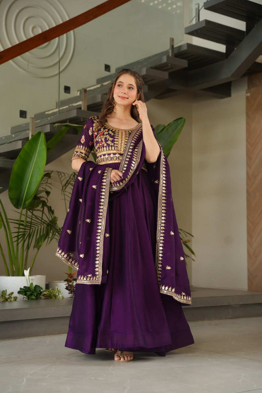 Purple Vichitra Silk Gown with Sequins & Zari Embroidery With Dupatta - ETHNICDEAL