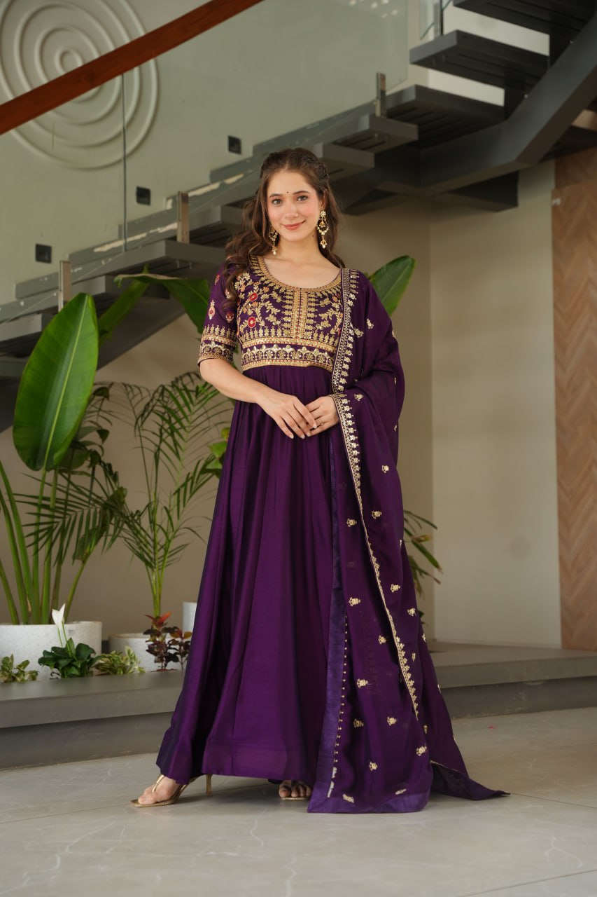 Purple Vichitra Silk Gown with Sequins & Zari Embroidery With Dupatta - ETHNICDEAL