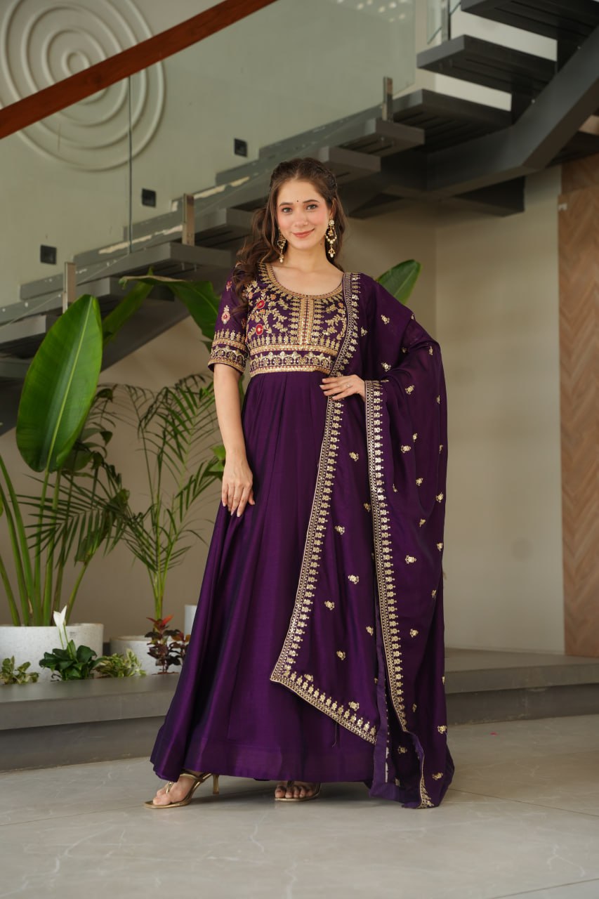 Purple Vichitra Silk Gown with Sequins & Zari Embroidery With Dupatta - ETHNICDEAL