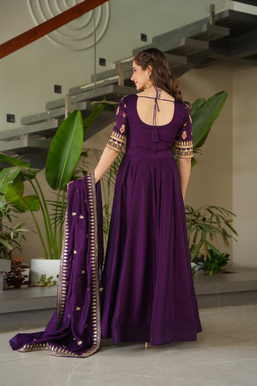 Purple Vichitra Silk Gown with Sequins & Zari Embroidery With Dupatta - ETHNICDEAL