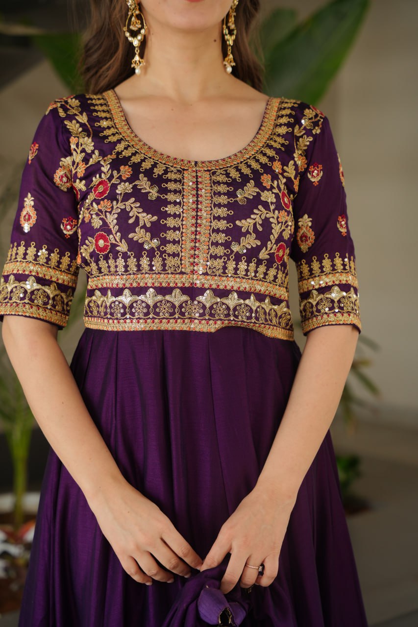Purple Vichitra Silk Gown with Sequins & Zari Embroidery With Dupatta - ETHNICDEAL