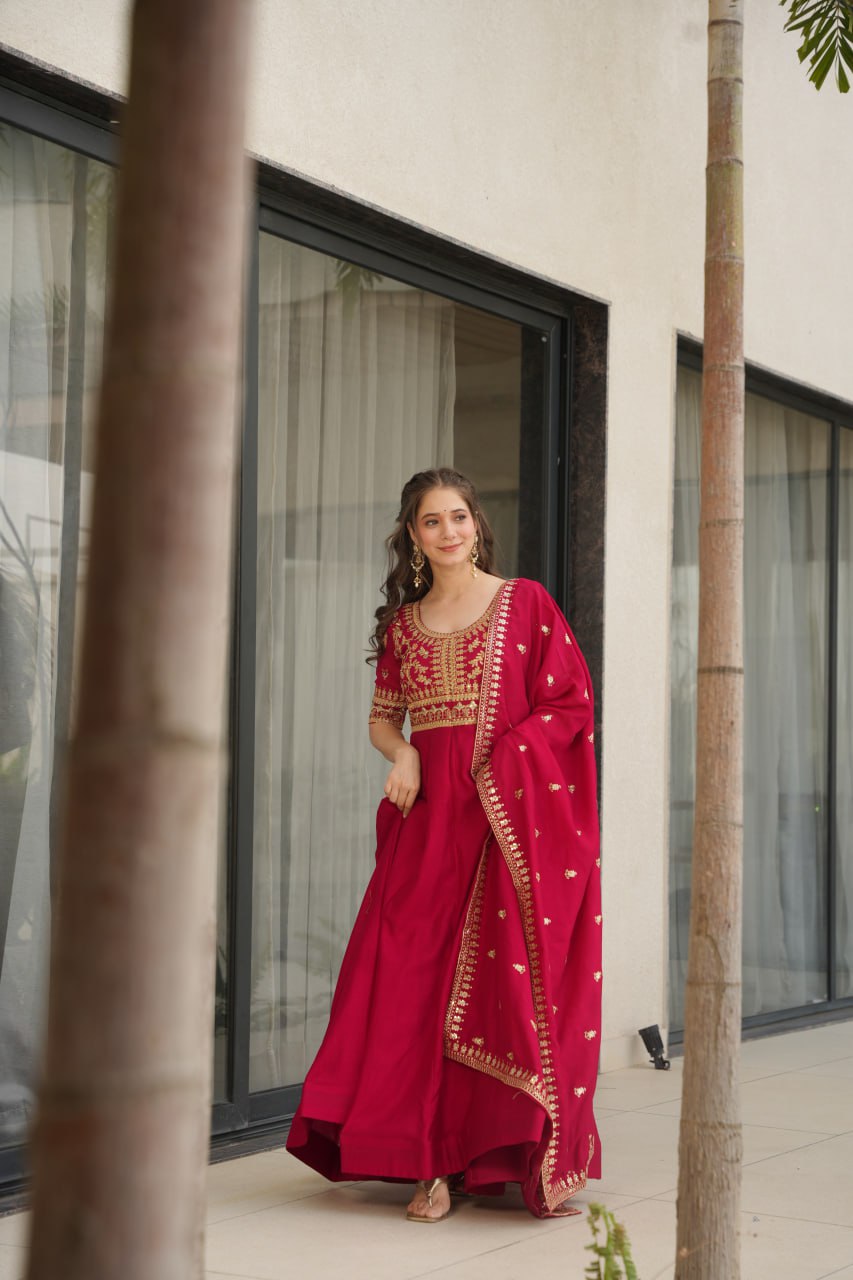 Purple Vichitra Silk Gown with Sequins & Zari Embroidery With Dupatta - ETHNICDEAL