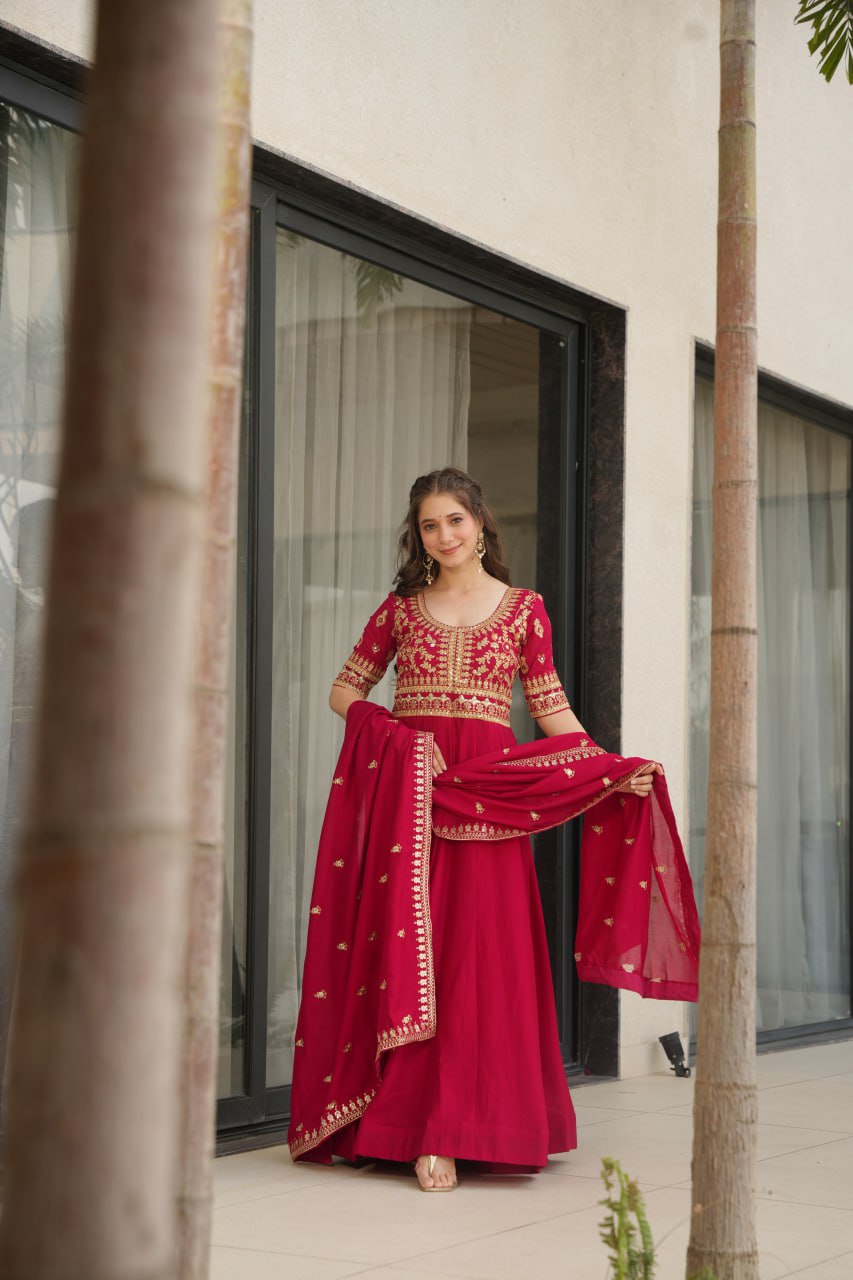 Purple Vichitra Silk Gown with Sequins & Zari Embroidery With Dupatta - ETHNICDEAL